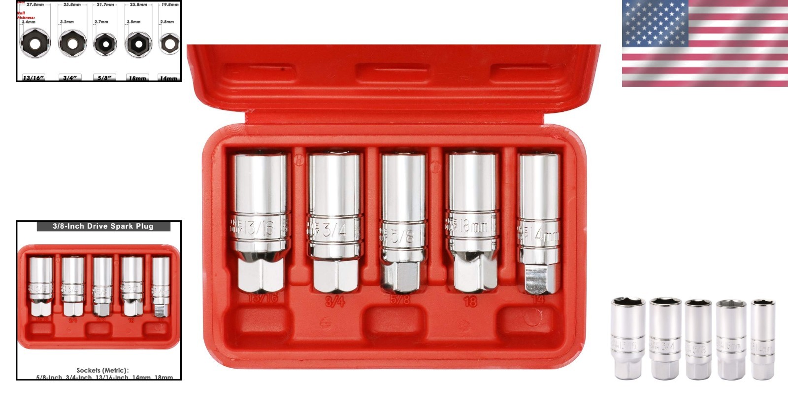 3/8-Inch Drive Spark Plug Socket Set: Chrome Vanadium, 5-Piece & Durable