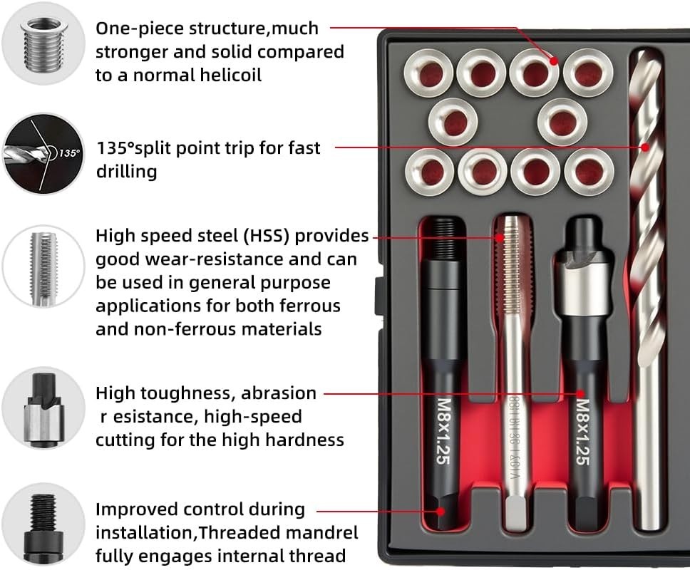 Repair Damaged Threads with M8x1.25 Thread Kit – Includes Drill & 10 Inserts