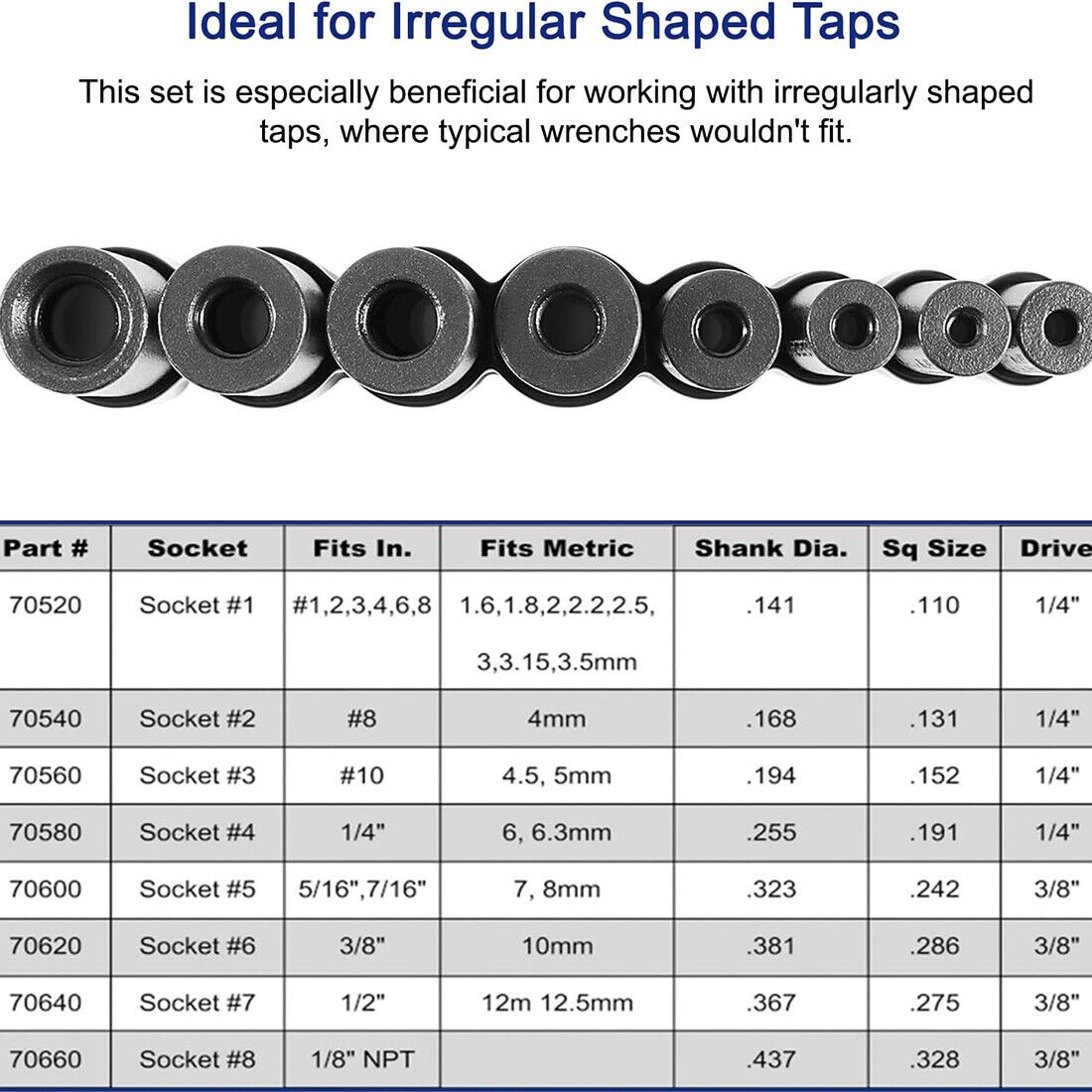 70500 Tap Socket Set w/ 1/4″ & 3/8″ Drive for 1/2″ & 1/8″ NPT Taps & Metric Taps
