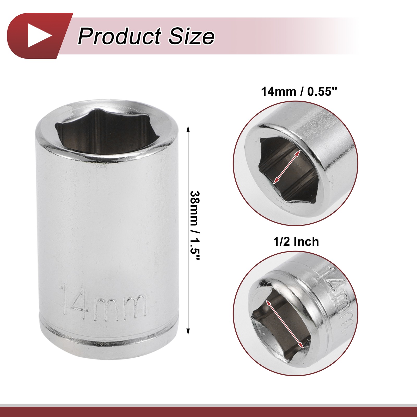 Universal 1/2 Inch Drive Impact Socket 14mm 6 Point Carbon Steel 1 Pcs 38mm