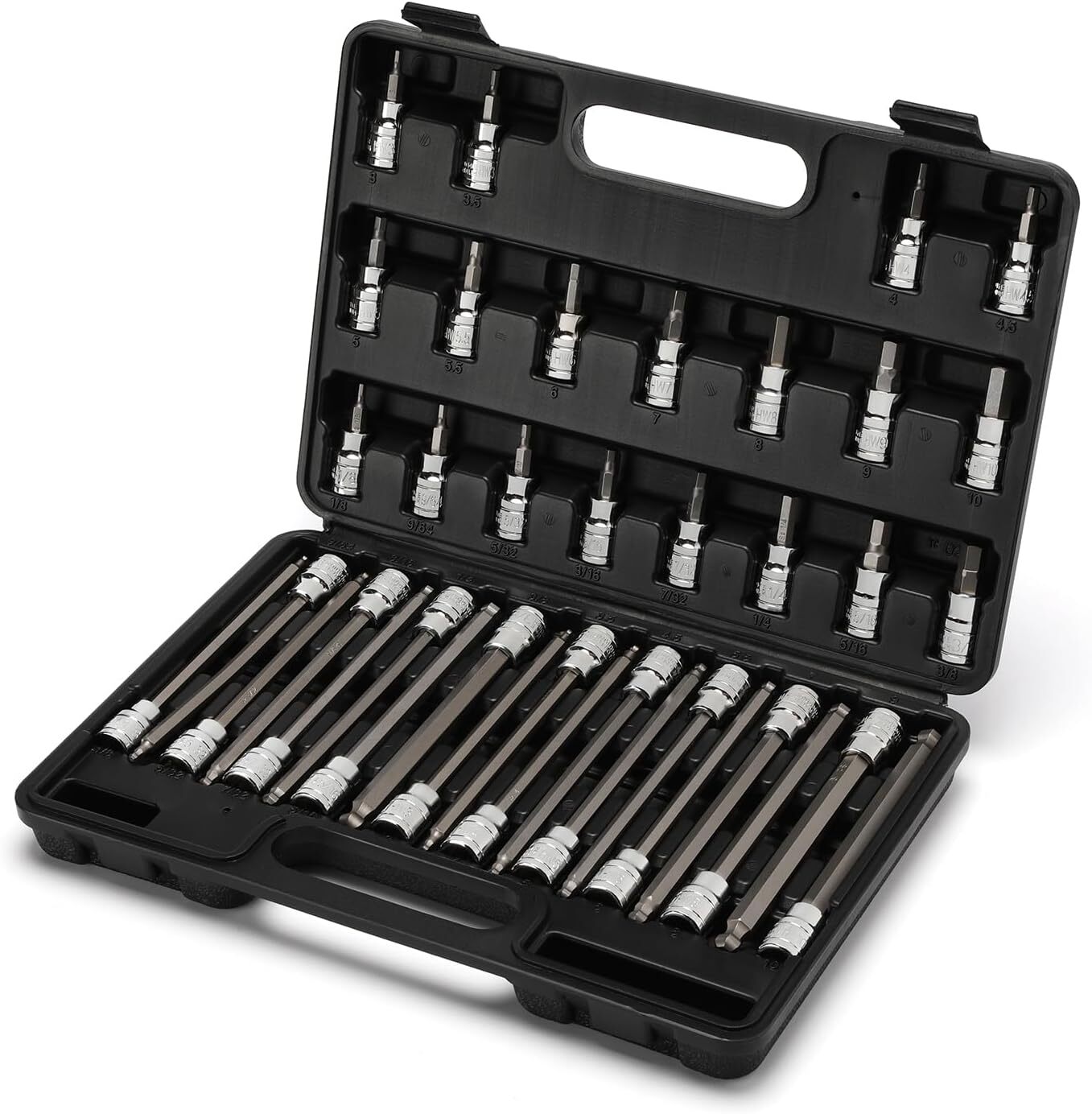 38PCS 3/8″ Drive Hex Bit Socket Set CR-V S2 Steel SAE/Metric Extra Long Ball-End