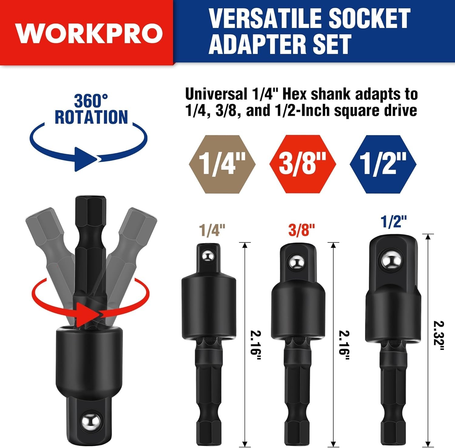 Impact Socket Adapter Set 1/4 3/8 1/2 Inch Drive Swivel Long Extension Case