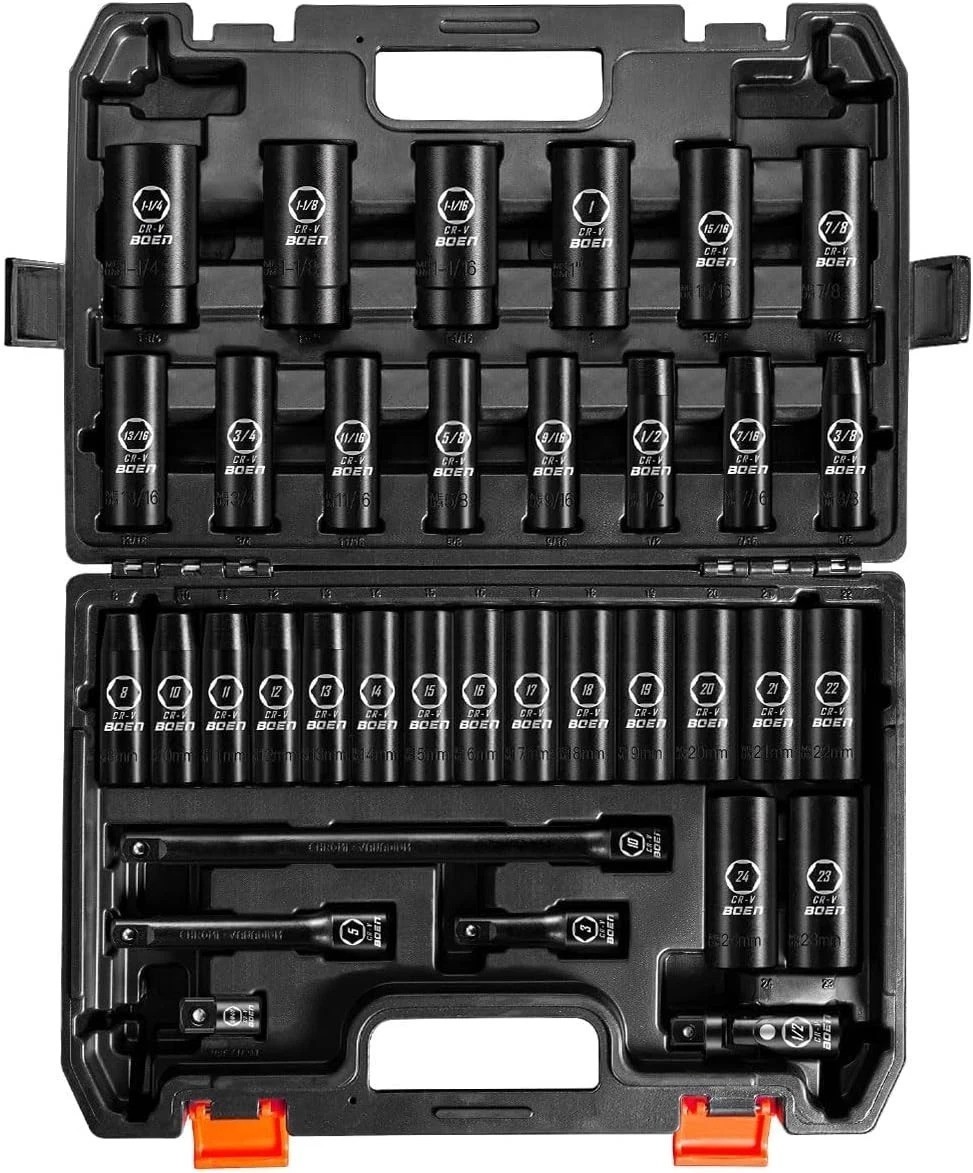Durable 35-Piece Chrome Vanadium 1/2″ Drive Impact Socket Set with Extensions