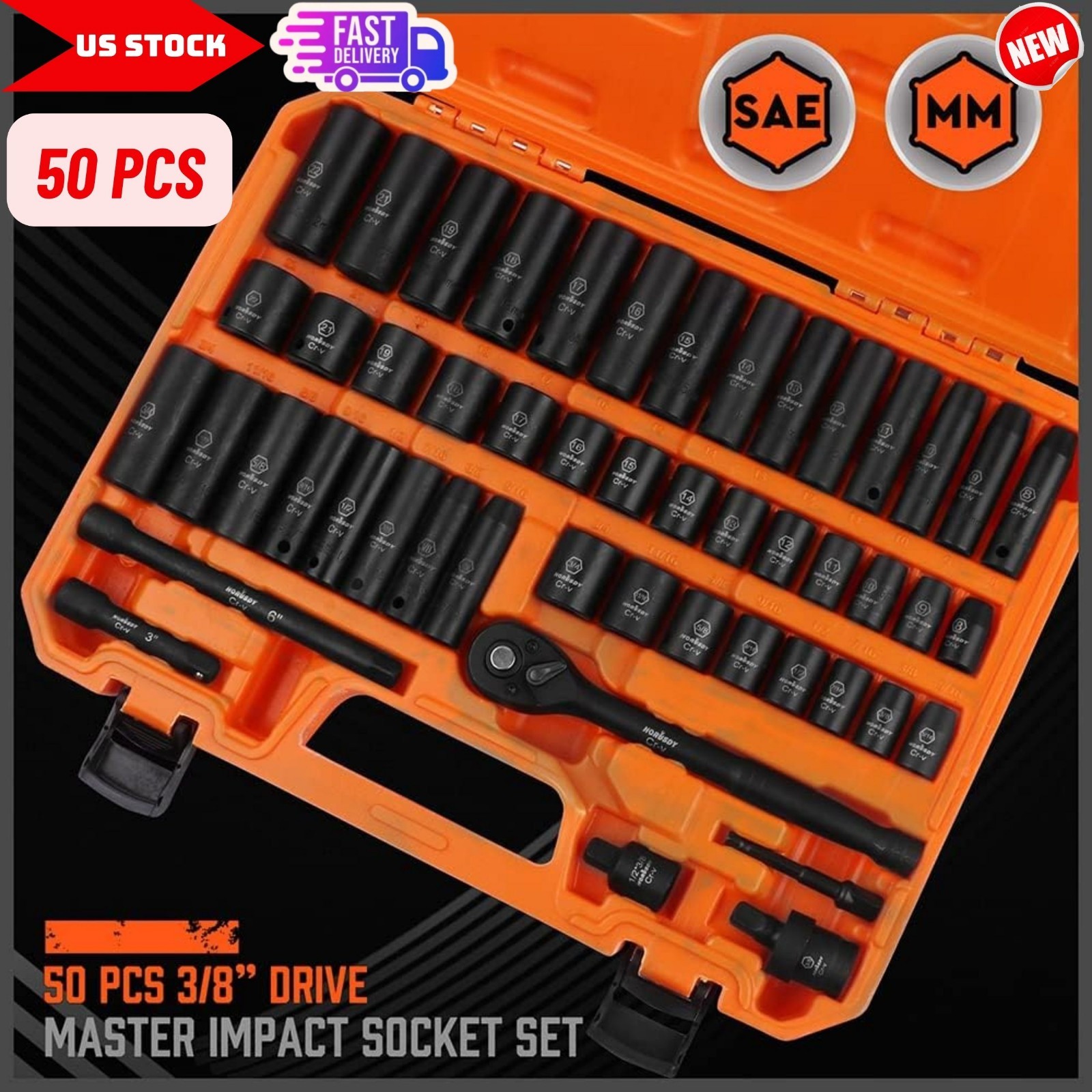 50 Pcs 3/8″ Drive Impact Socket Set, SAE 5/16″ to 3/4″ & Metric 8-22mm, 6 Point