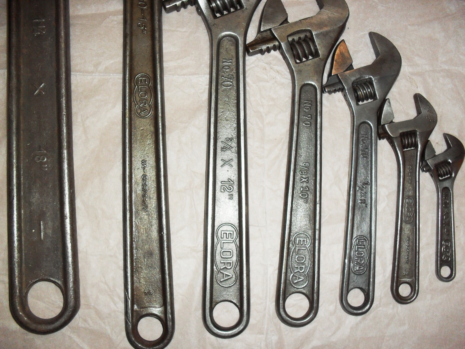 ELORA ADJUSTABLE WRENCHES; 18″ & 15″ & 12″ &10″ & 8″ & 6″ & 4″ MADE IN GERMANY