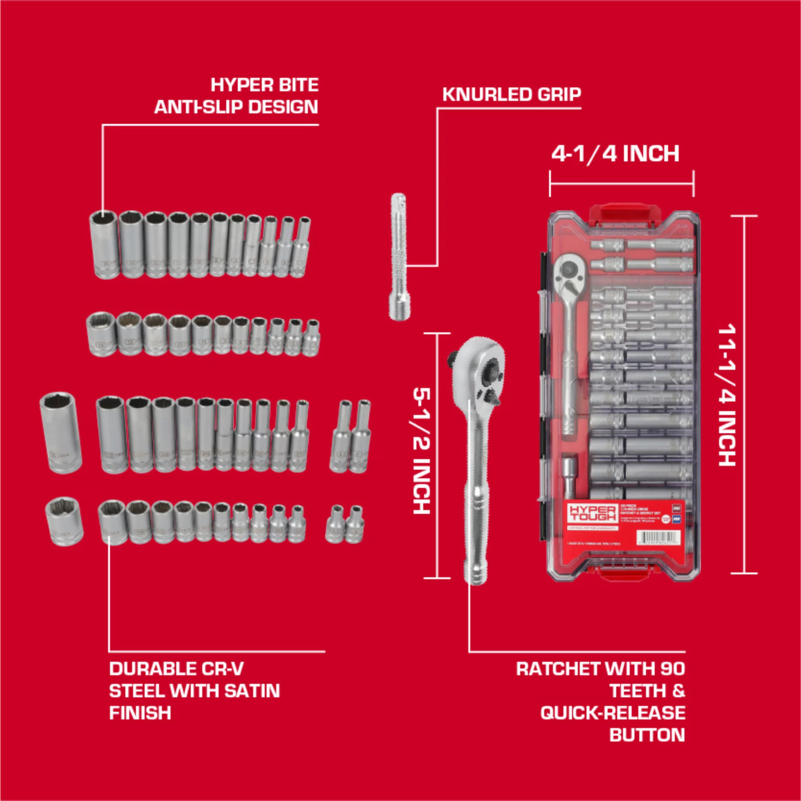 Hyper Tough 1/4-Inch Drive Ratchet and Socket Set, SAE and Metric, 50 Pieces