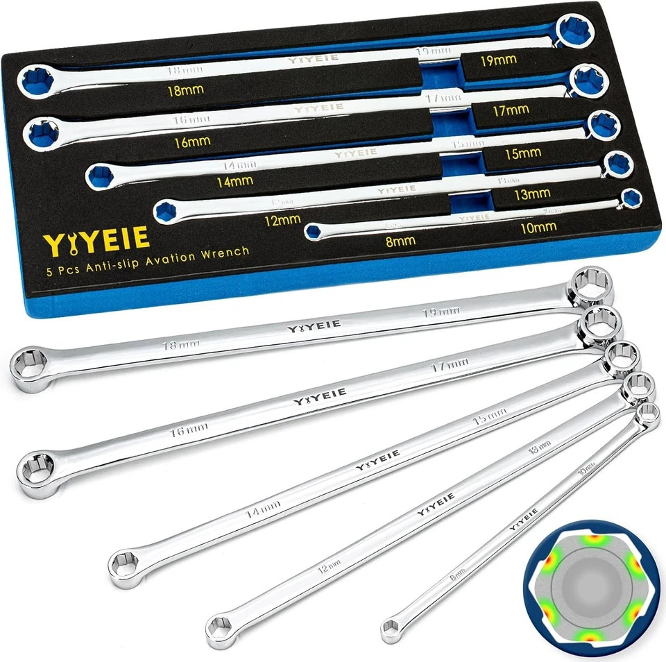 5-Piece Extra Long Box End Wrench Set, Metric 8Mm-19Mm, 6 Point Extended Bolt Ex