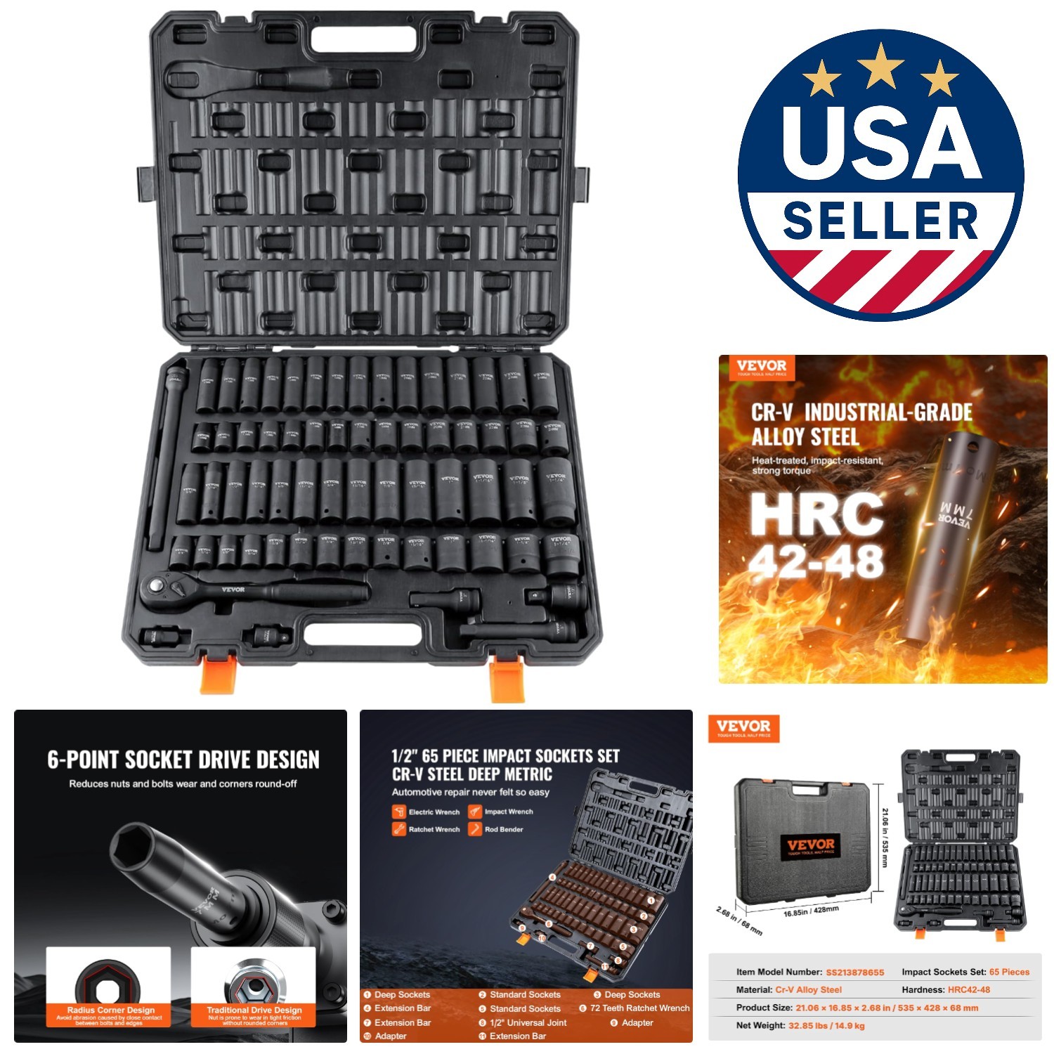 Complete 65-Piece Impact Socket Set with Easy Markings – Ideal for Auto Repairs