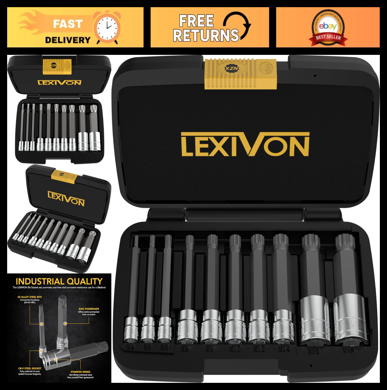 10-Piece Extra Long Triple Square Spline Bit Socket Set | M4-M18 | Premium S2 St