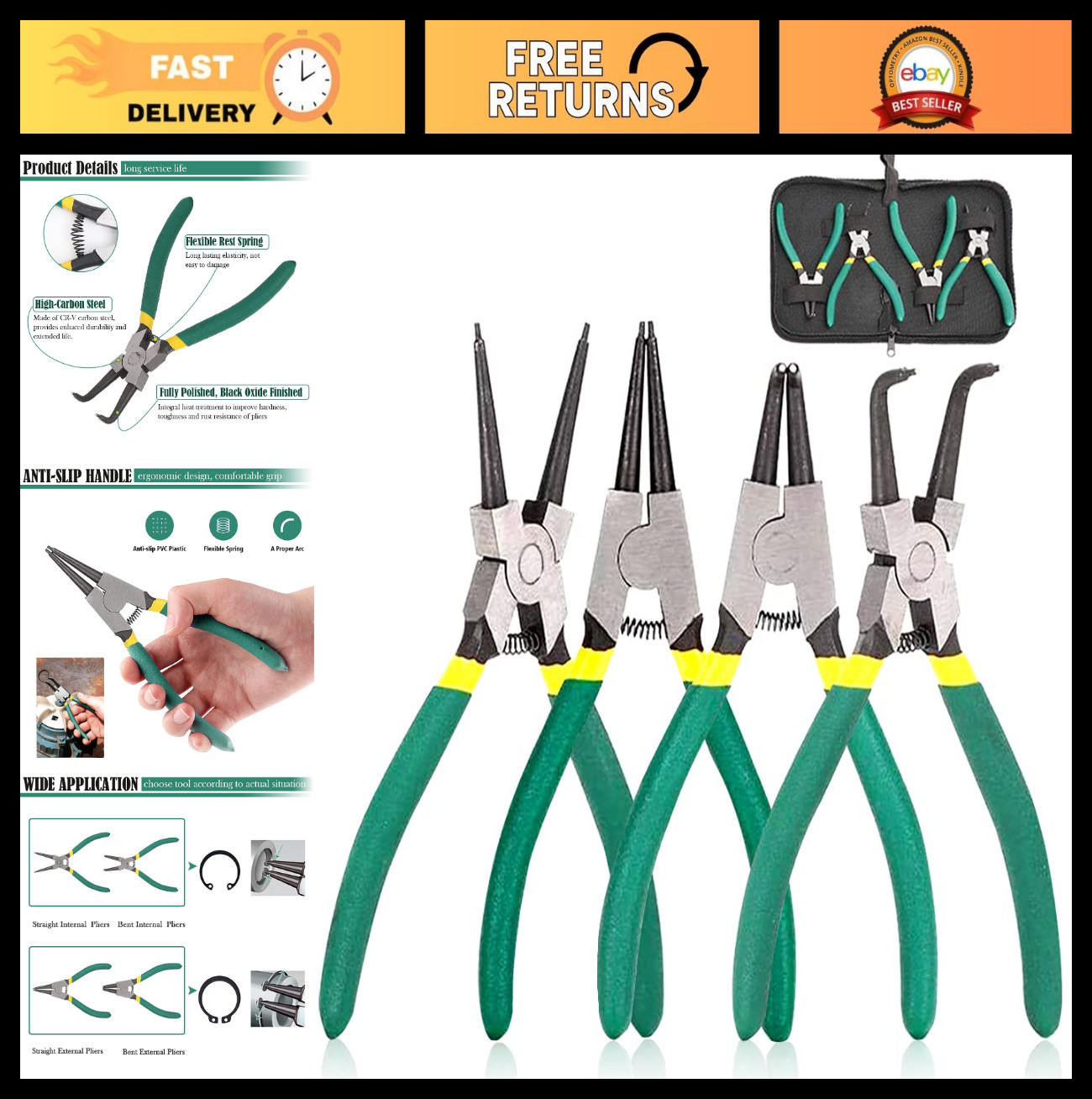 4pcs 7-Inch Heavy Duty Snap Ring Pliers Set – Internal/External Circlip Kit, CR-