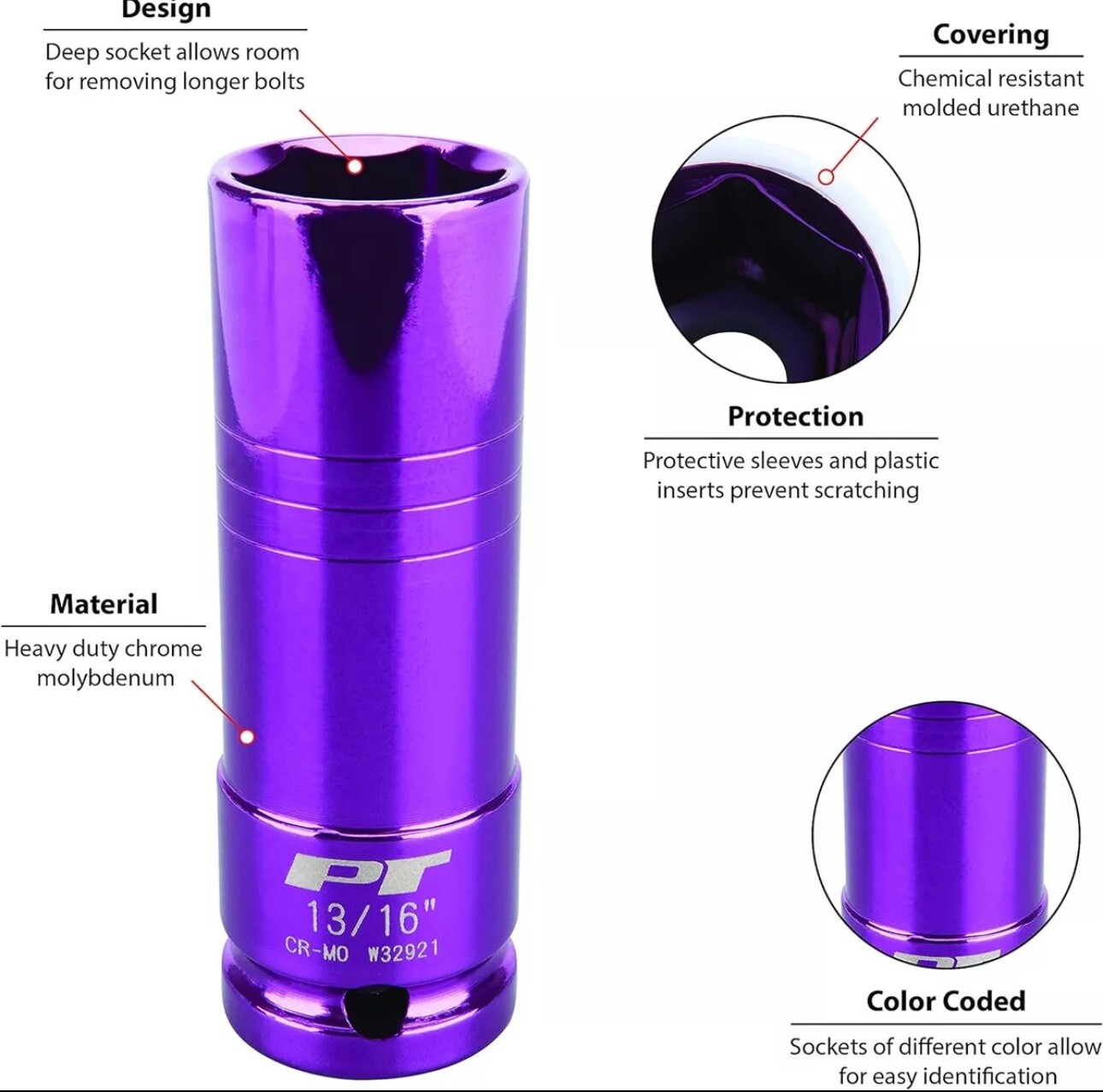 Performance Tool W32921 1/2 Inch Drive 13/16 Inch Thin Wall Color Lug Nut Socket