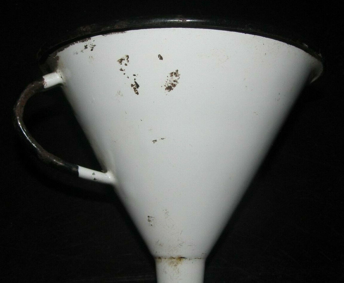 Vintage PRIMITIVE Small White & Black ENAMEL GRANITEWARE Funnel Partial Tag Oil