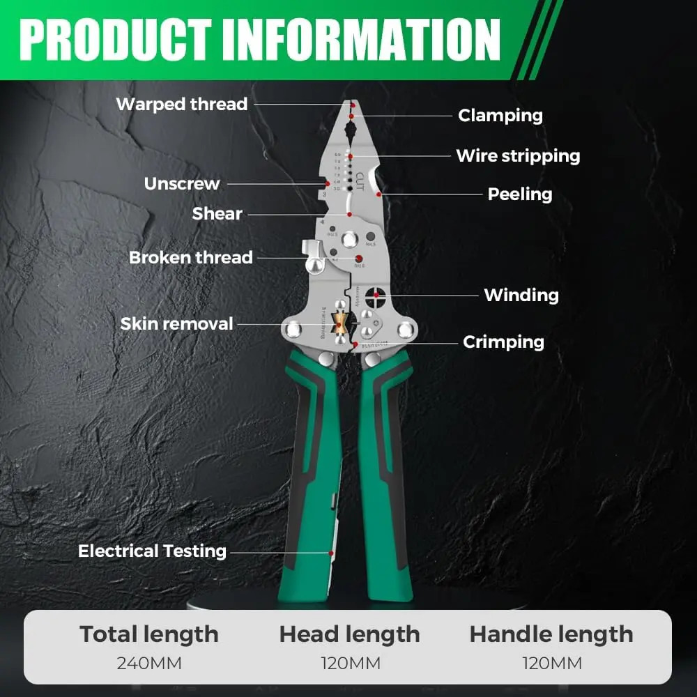 16-in-1 Rechargeable Wire Stripper Pliers Voltage Tester 12-250V Green