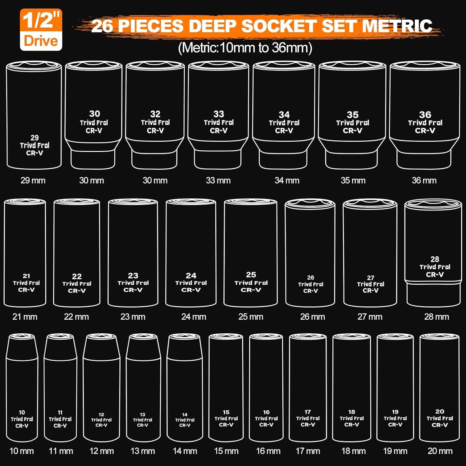 Metric Impact Socket Set 1/2″ Drive – 26 Piece Deep Impact Socket Set 1/2″ Dr…