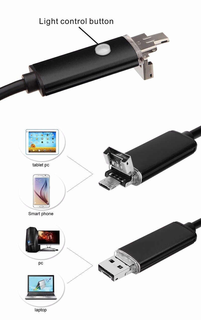 7mm 5M Car Endoscope HD 6Led Android PC USB Borescope Inspection Camera-US Stock