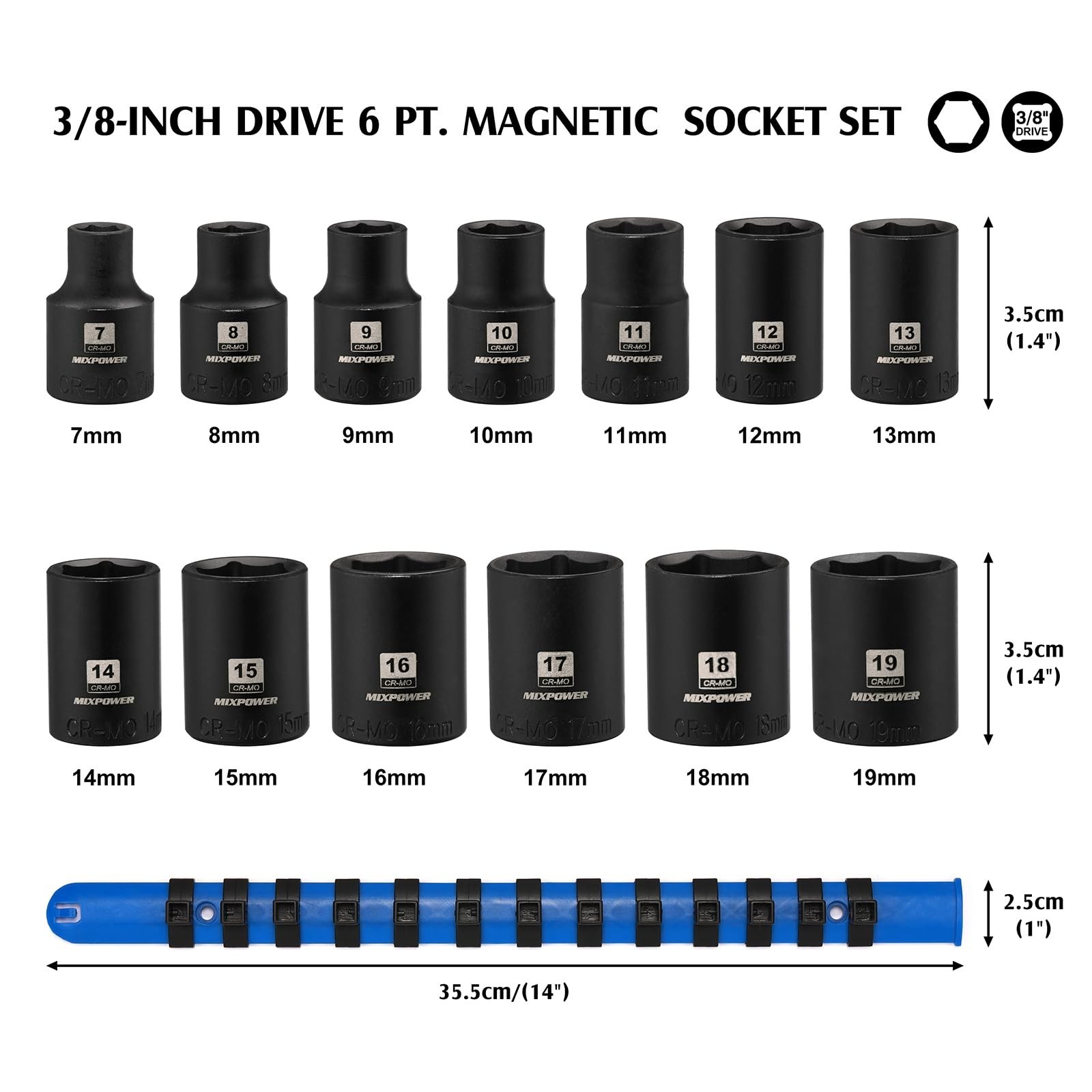 13-Piece 3/8″ Drive Magnetic Impact Socket Set, 6 Point Metric 7-19mm, Storage R