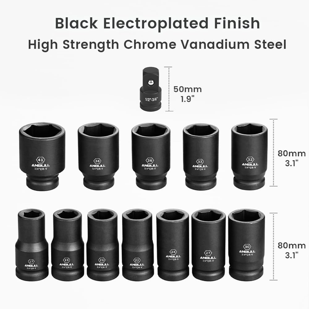 Anbull 3/4 Inch Drive Impact Socket Set – 13 Pc Metric Combo