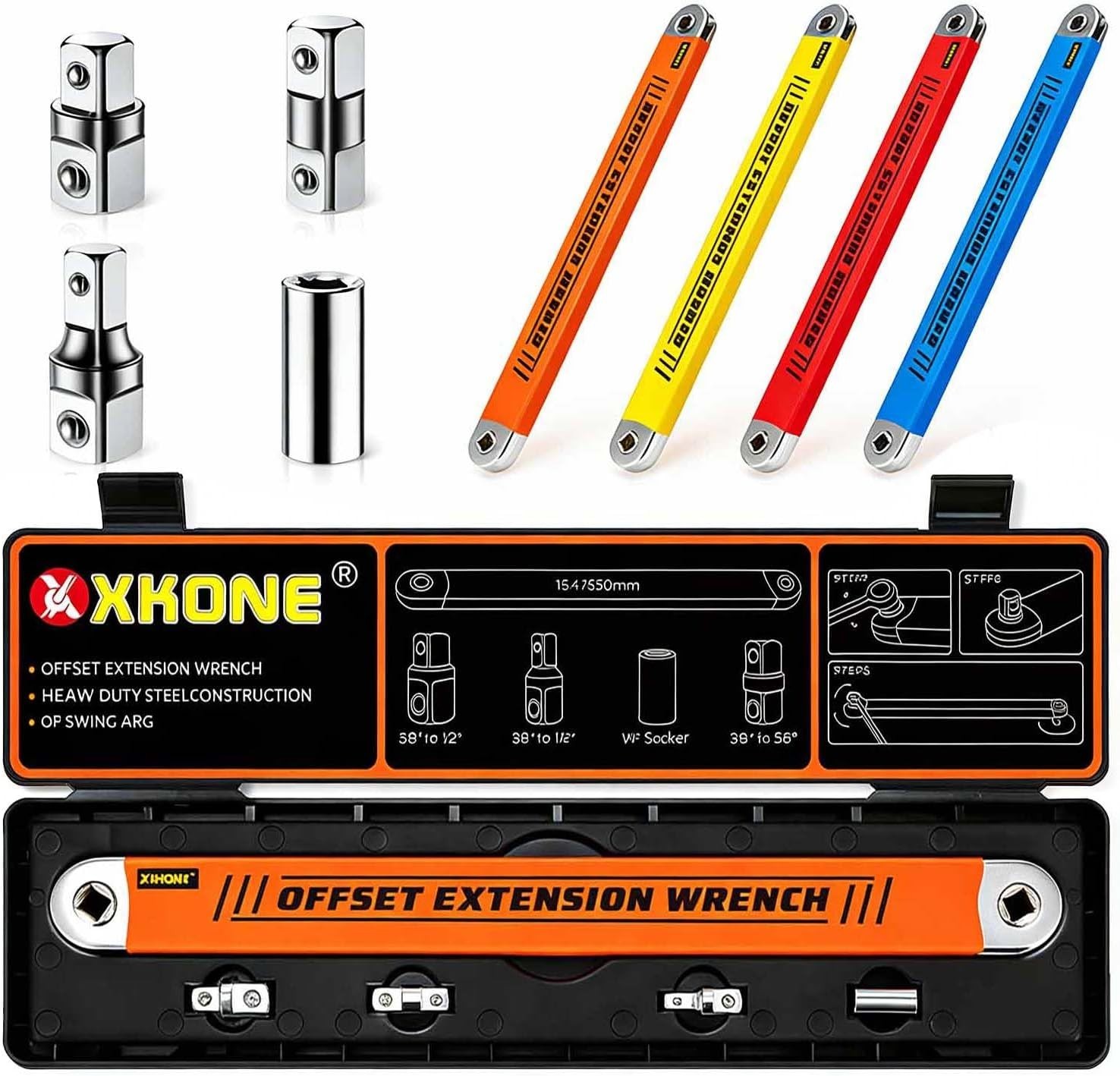 Versatile 15.4″ Offset Extension Wrench – 3 Adapters Included for Tight Spaces