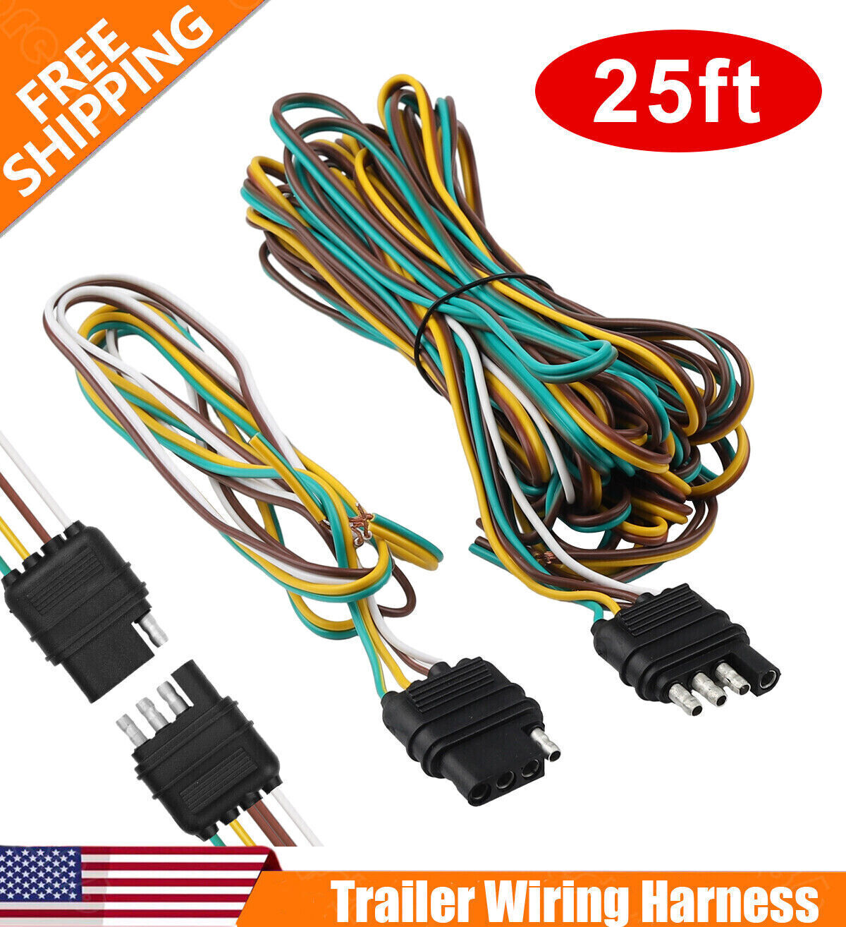 25′ 4 Pin Flat Trailer Wiring Harness Kit Wishbone Style for Trailer Tail Lights