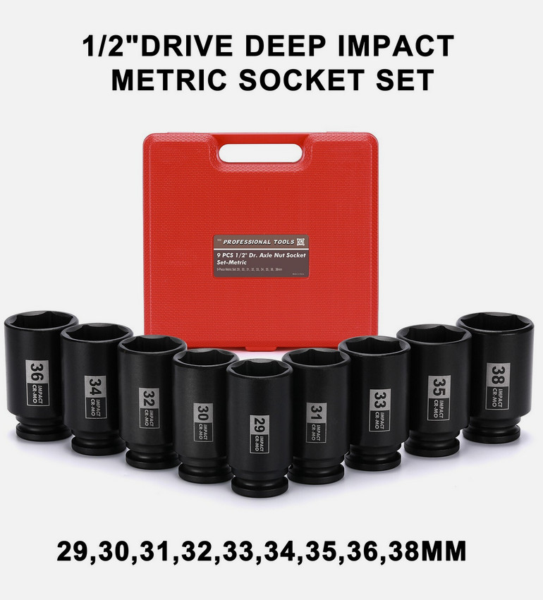 9PCS 1/2″Dr. Deep Spindle Axle Nut Impact Socket Set, CR-MO, Metric Large Socket
