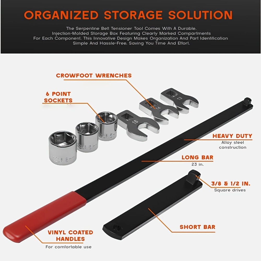 8PC Serpentine Belt Tool Kit 1/2″ 3/8″ Square Universal Belt Removal Wrech