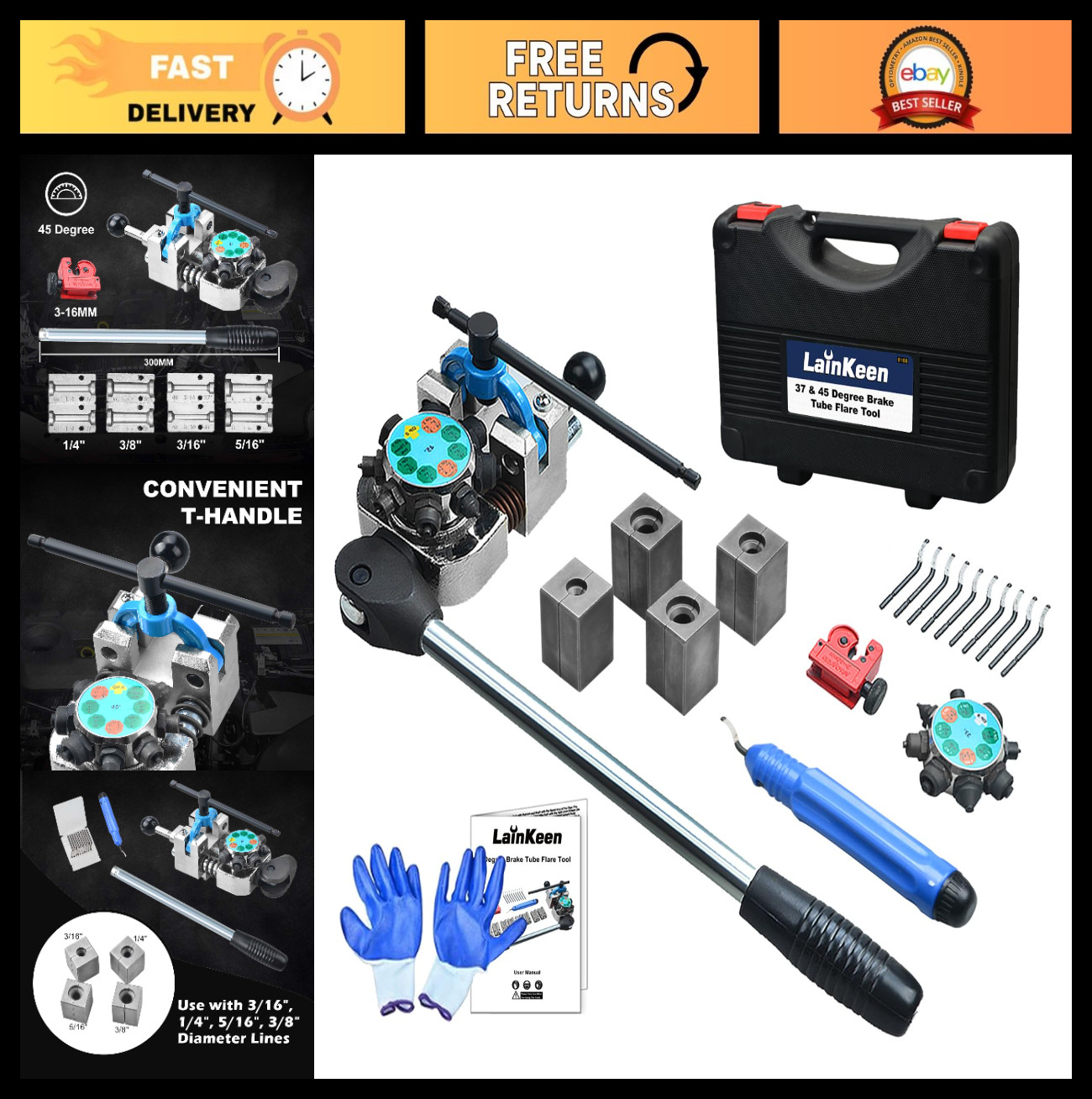 Brake Line Flaring Tool Kit – 45° & 37° Flares for 3/16″, 1/4″, 5/16″, 3/8″ Tube