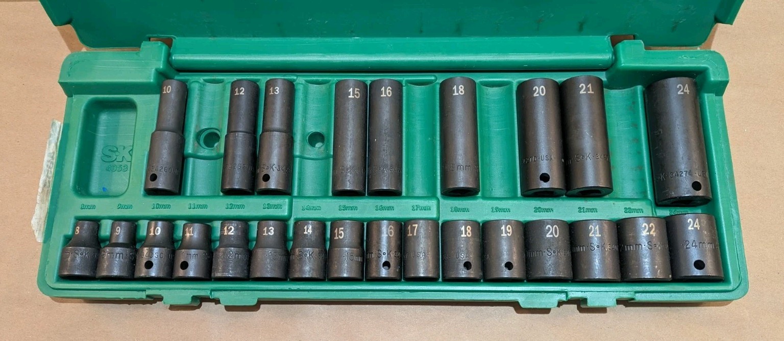 Vintage SK Tools 4053 1/2″ Drive Metric Impact Socket Set Incomplete With Case