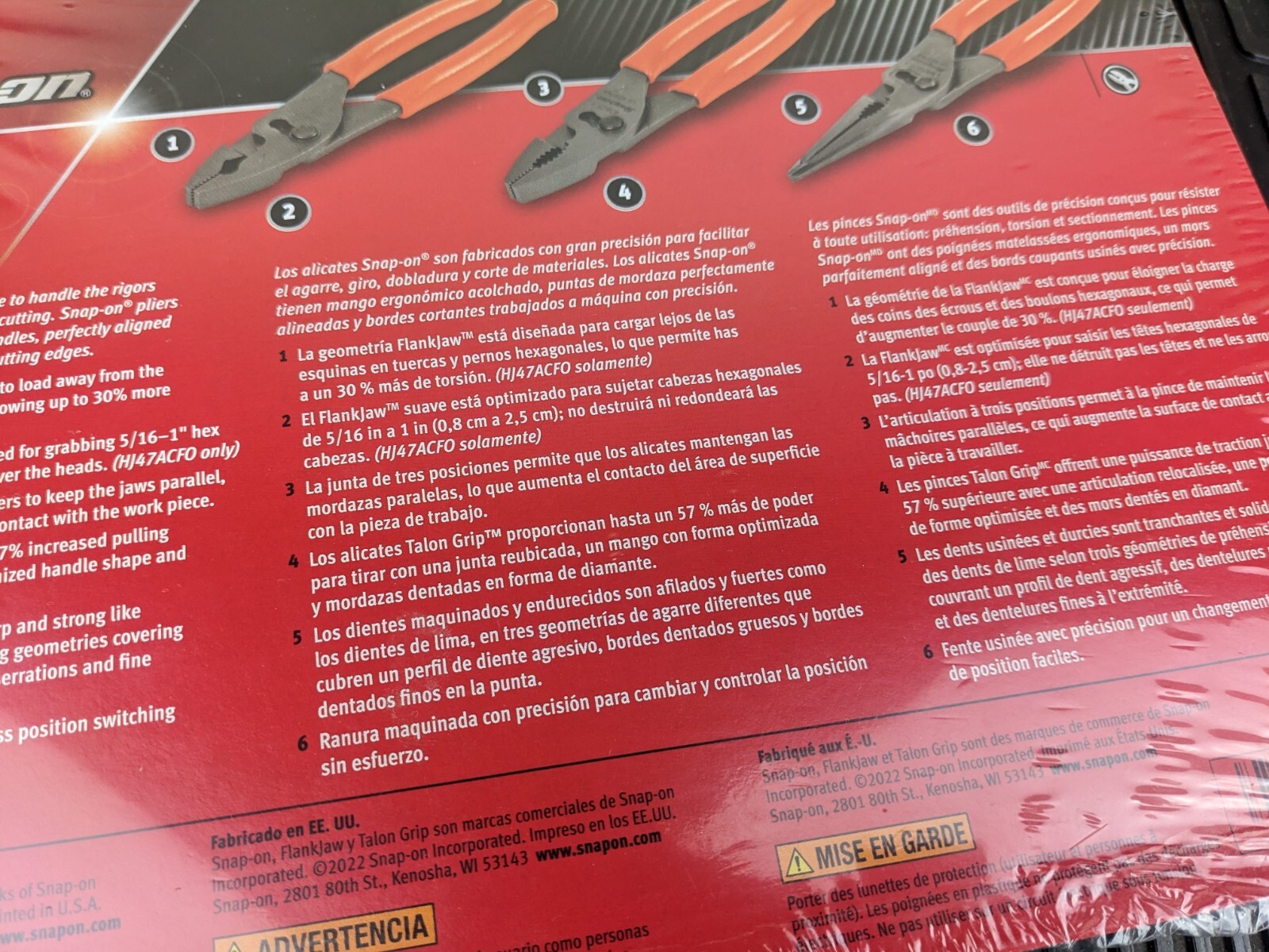 #ba861 Snap-on Tray for USA ORANGE 3pc Soft Grip Slip Joint Pliers PL347ACFO