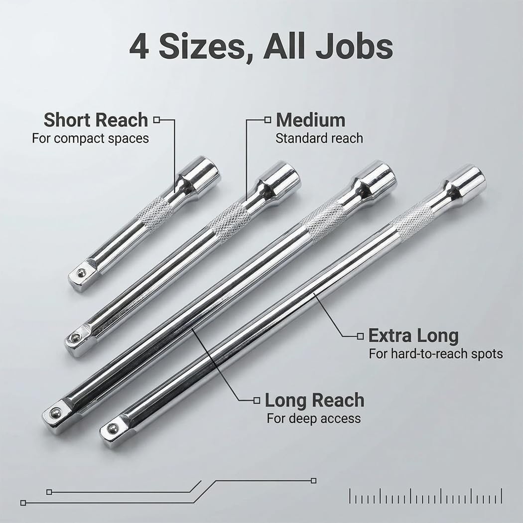 4-Pc Socket Extension Set – Chrome Vanadium, Various Lengths, Impact Ready
