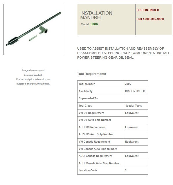 AST ASSENMACHER 3086 VOLKSWAGEN VW AUDI STEERING RACK INSTALLATION MANDRIL TOOL
