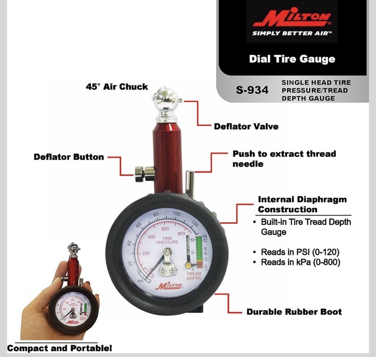 Milton S-934 Dial Tire Gauge, 0-120 PSI – 2 lb increments