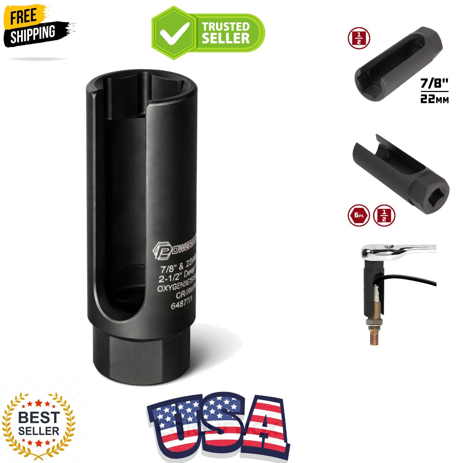 1/2-Inch Drive x 7/8-Inch 22mm Oxygen Sensor Socket, 6 Point O2 Sensor Remove…