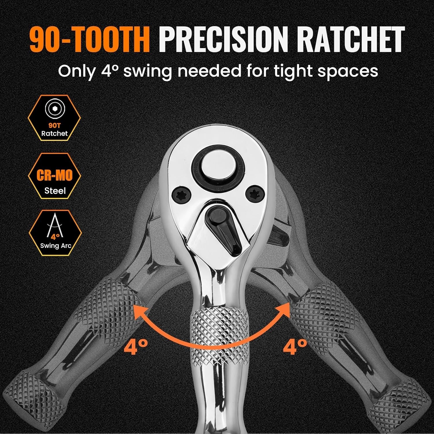 6-Piece Stubby Ratchet and Socket Extension Set, 90T 1/4″, 3/8″, 1/2″ Drive M…