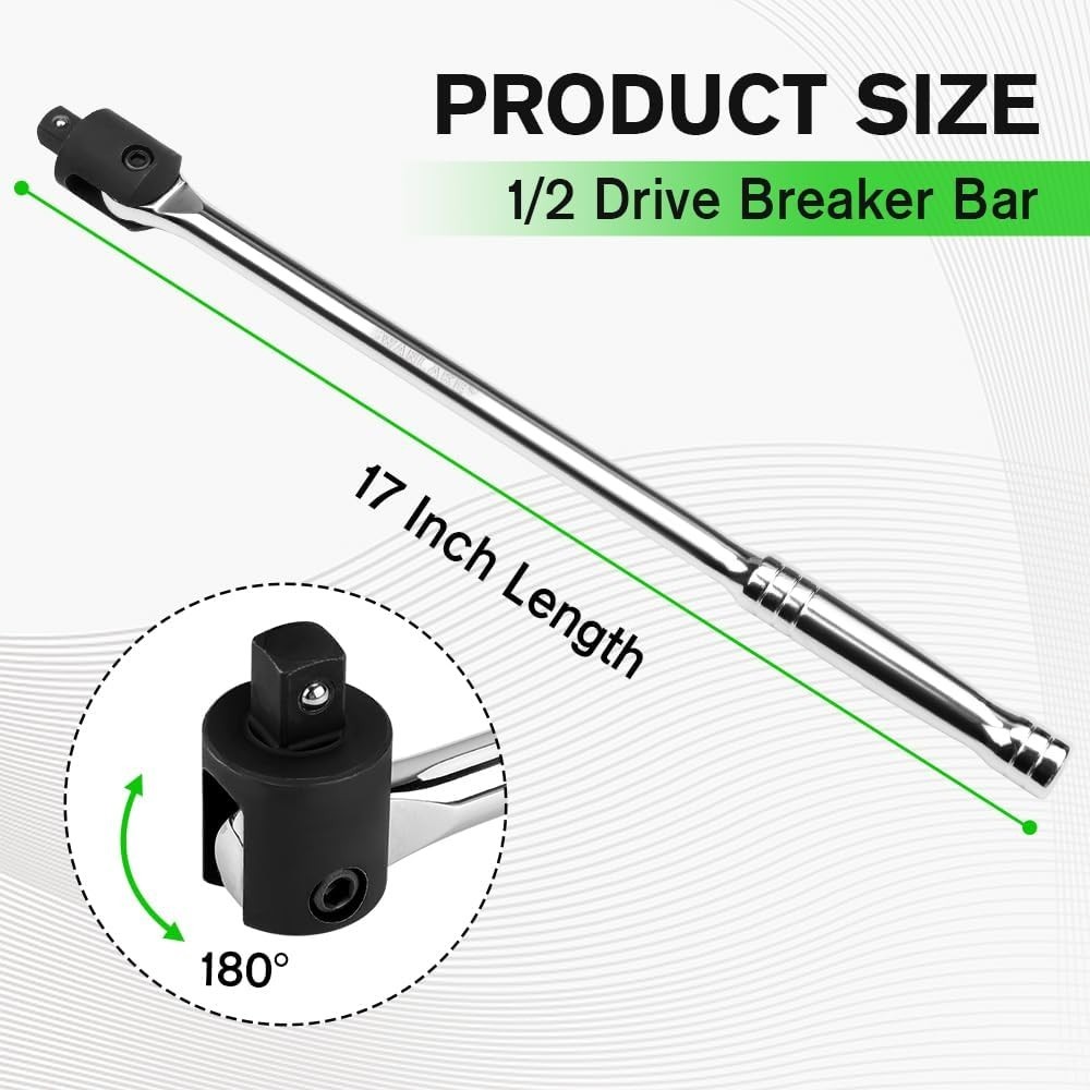 Durable 1/2 Breaker Bar, 17.5 Inches with 180-Degree Swivel for Tight Spaces