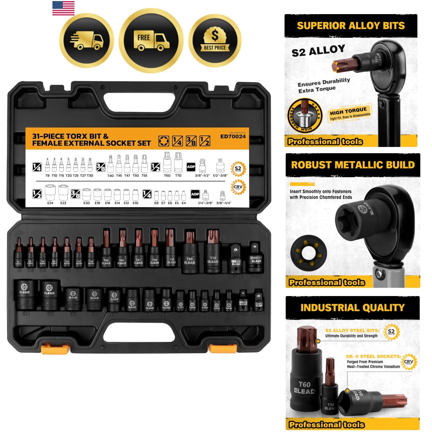 31-Piece Torx Bit Socket Set: 14 Star Bits T8-T70 & 13 E-Torx Sockets E4-E24,…