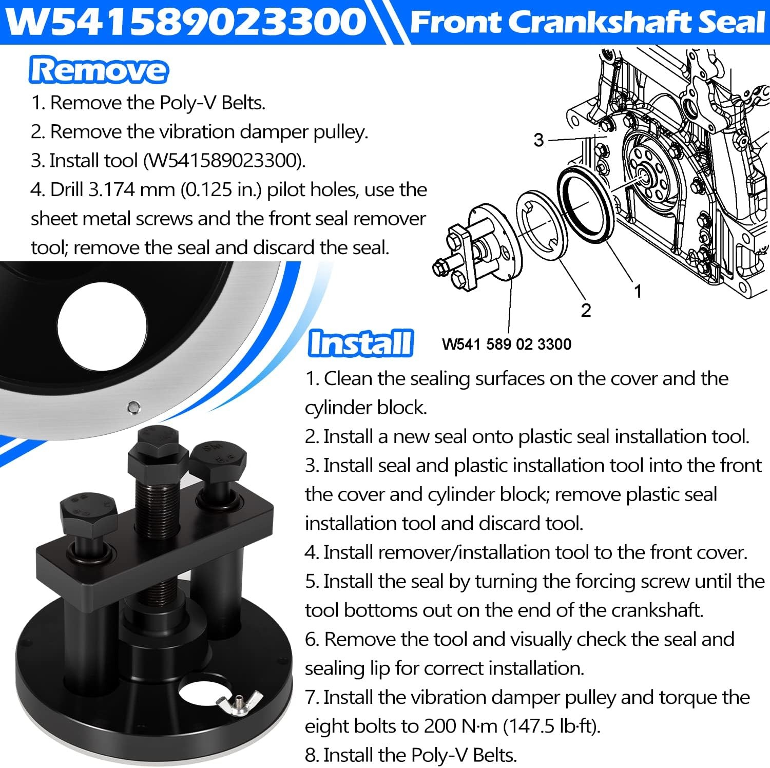 Front & Rear Crankshaft Seal Remover/Installer Tool for Detroit Diesel DD13 DD15