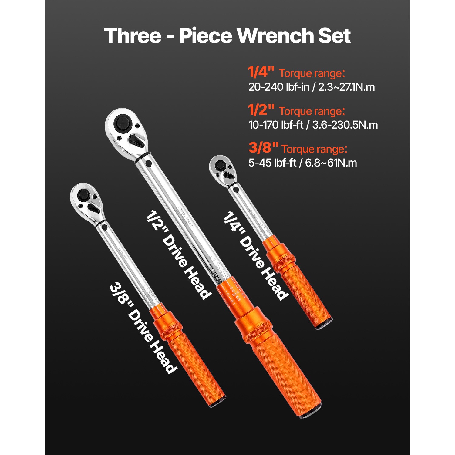Click Torque Wrench Set 3Pcs 1/4 3/8 1/2 In Drive Dual-direction 72-Tooth