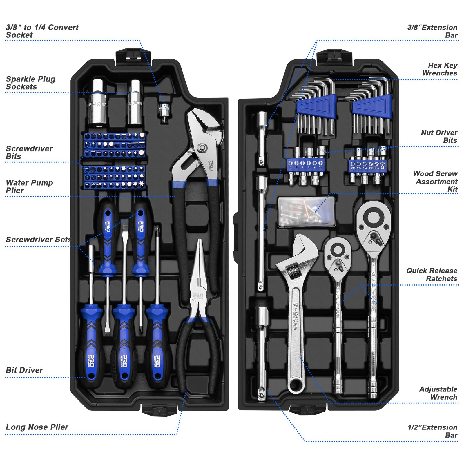 240-Piece Mechanics Tool Set with SAE/Metric Sockets Wrenches Automotive Kit