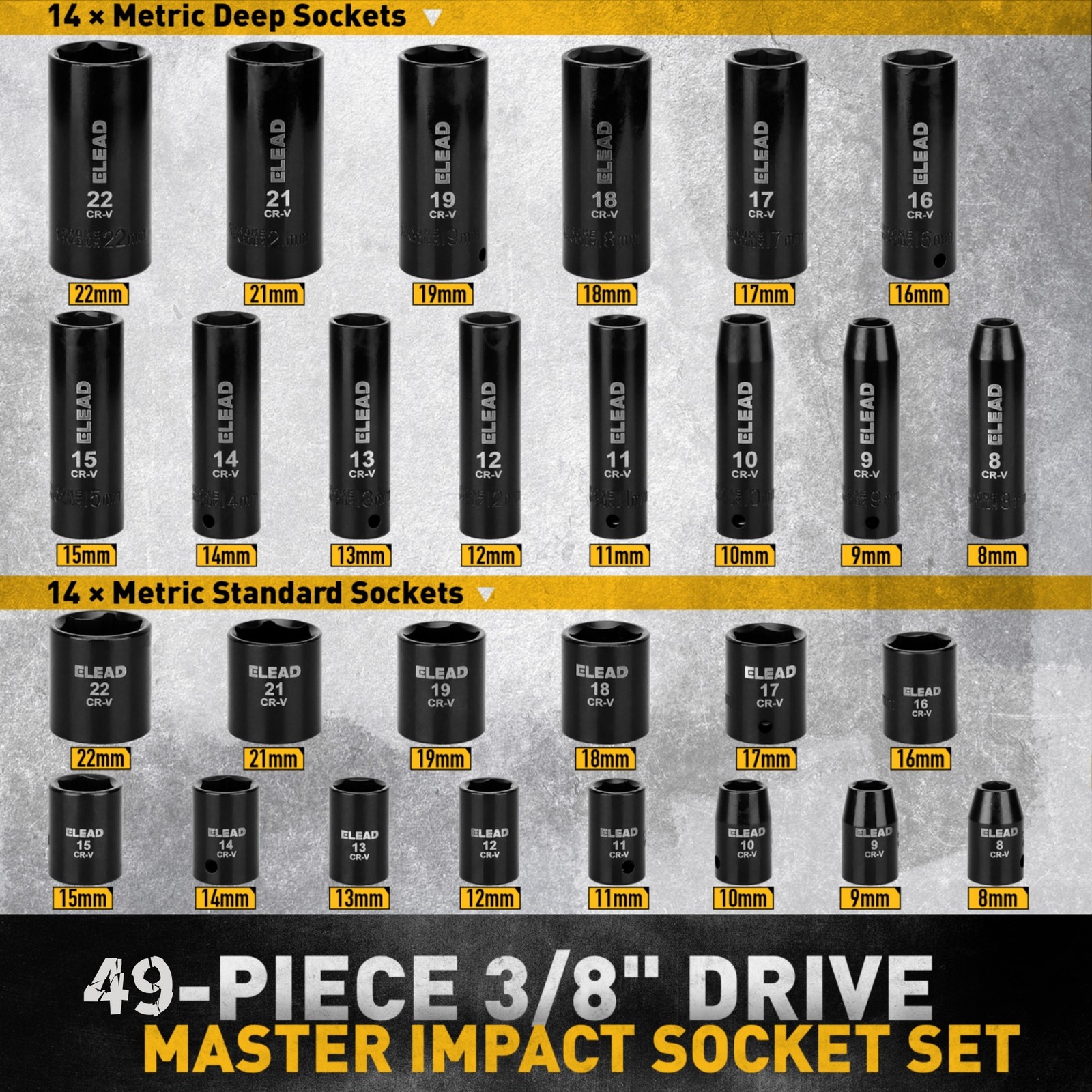 3/8» Drive Impact Socket Set 50Pcs Shallow & Deep Socket Set Metric & Standard