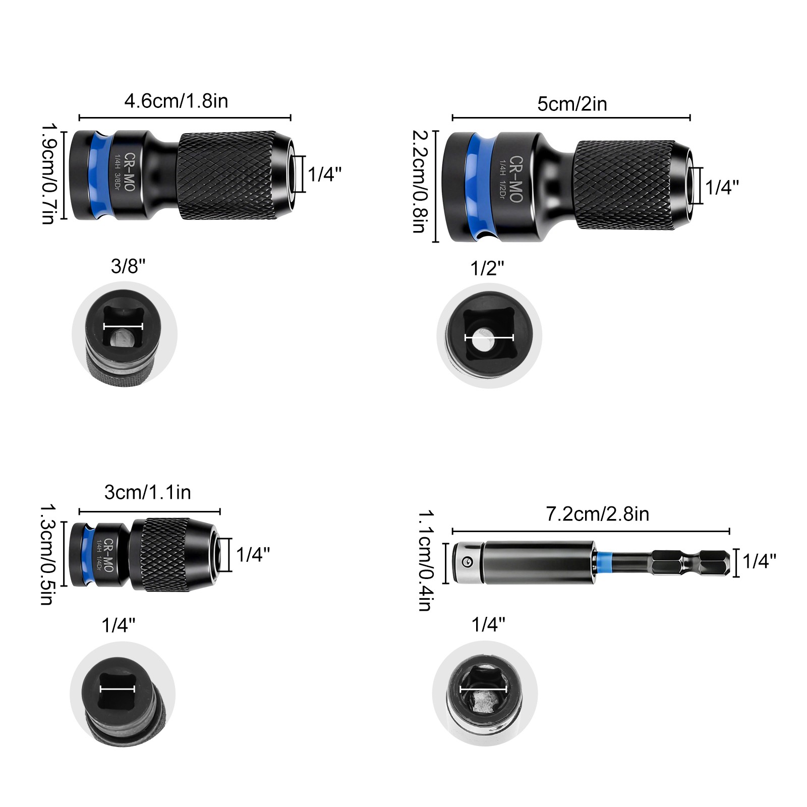 4Pcs 1/4 3/8 1/2″ to 1/4″ Hex Air Impact Socket Adapter Kit for Ratchet Wrenches