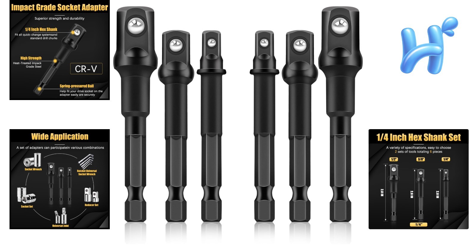 6 PCS Socket Adapter Set: Cr-V Drill Adapters, Hex to Square Conversion