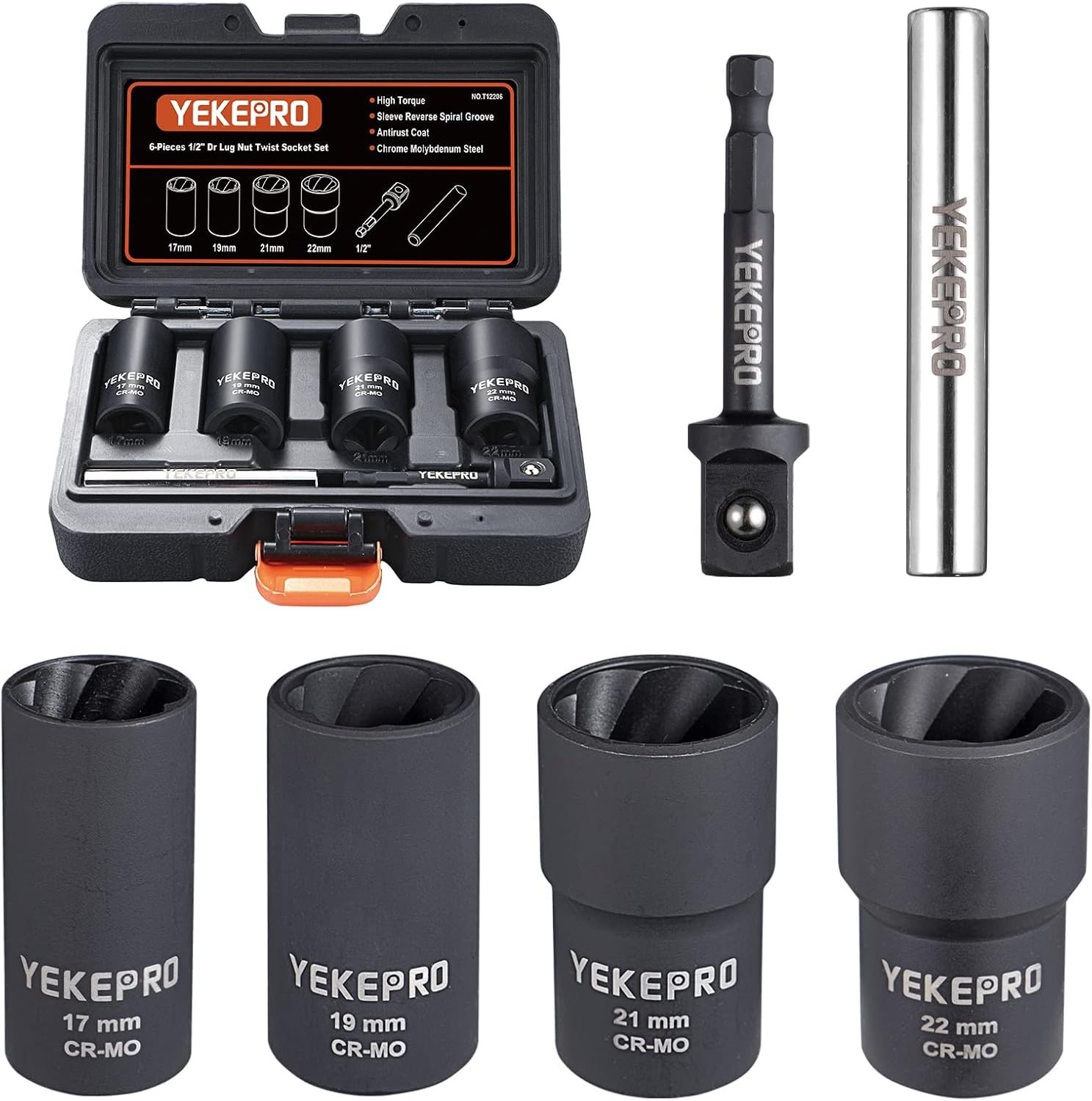 6 PCS Lug Nut Removal Tool Set – Impact Twist Socket & Bolt Extractor, 1/2-Inch