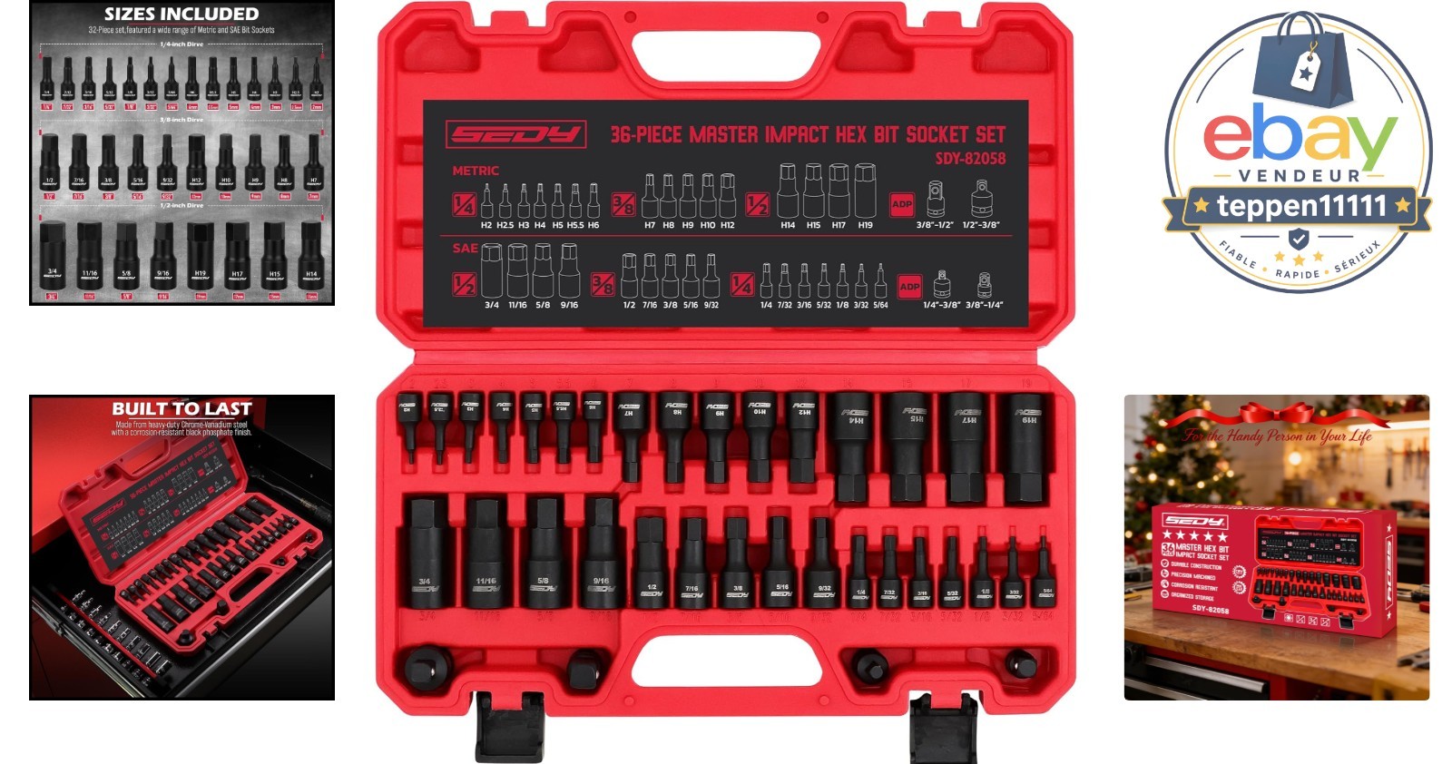 Hex Bit Impact Socket Set 36-Piece SAE Metric 1/4″ 3/8″ 1/2″ Drive