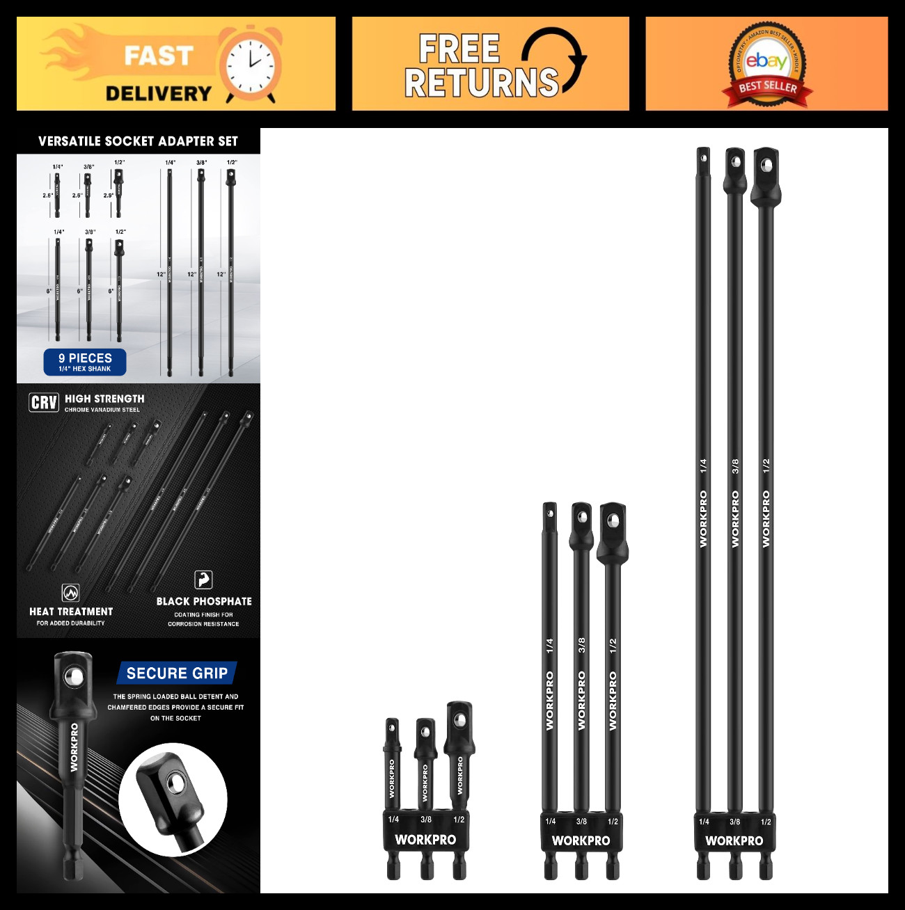 9-Piece Socket Adapter Extension Set – 1/4, 3/8, 1/2-Inch Drive, Hex Shank, Impa