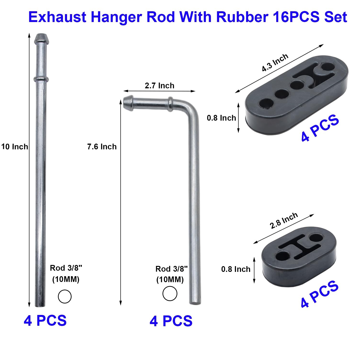 16PCS Rubber Exhaust Hanger Rod Set Heavy Duty 3/8″10MM Rod 90°7.6″ Long + St…