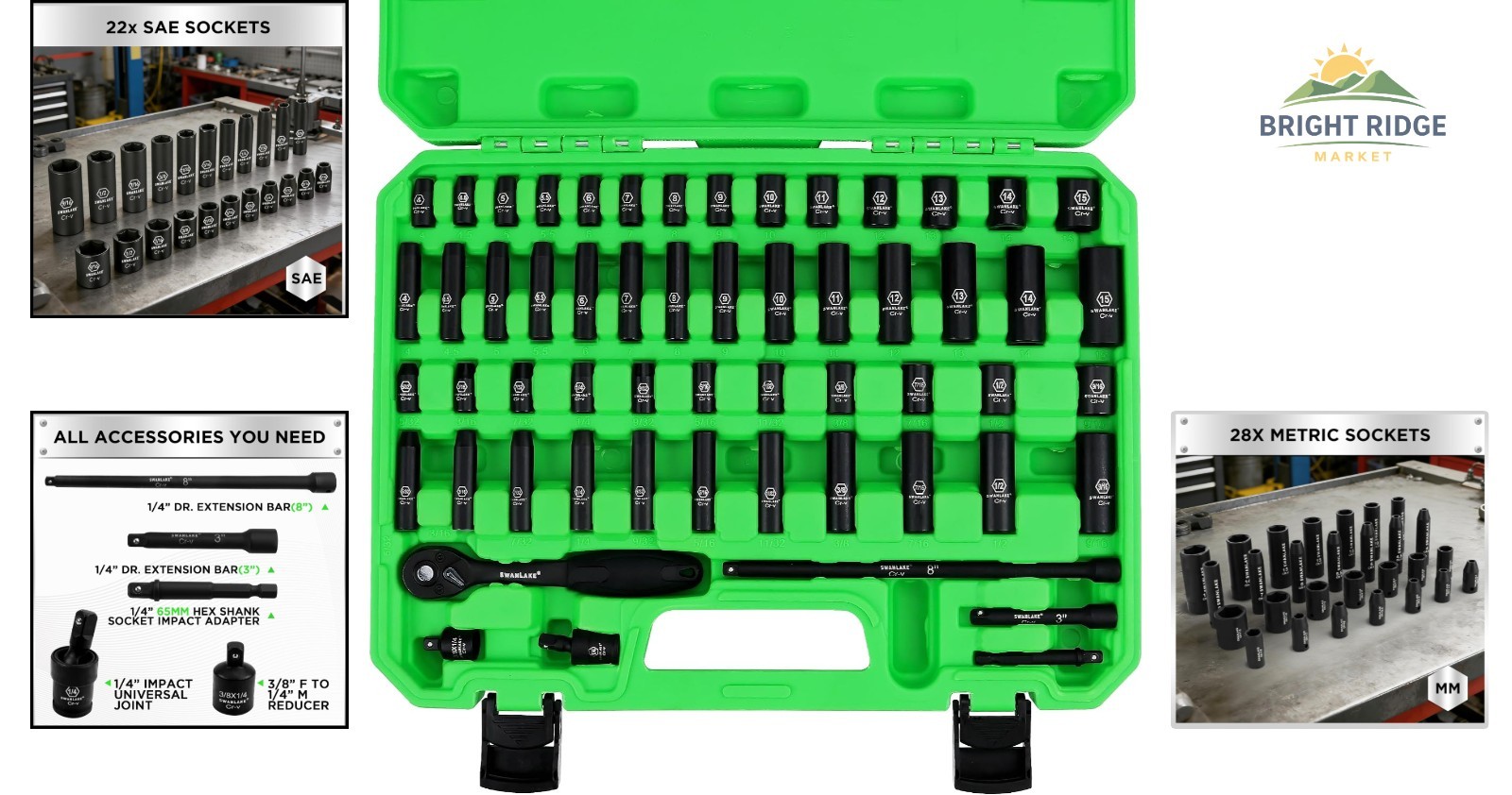 Impact Socket Set with Standard SAE and Metric Sizes for Versatile Applications