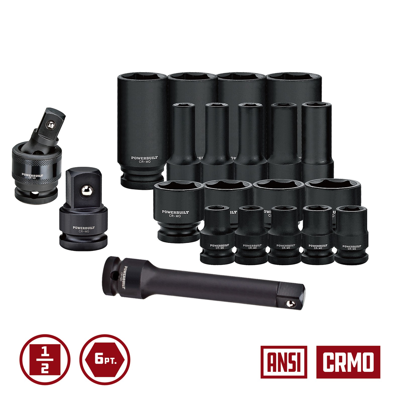 Powerbuilt 63 Piece 6 Point SAE & Metric Pro Tech Impact Socket Set – 949012