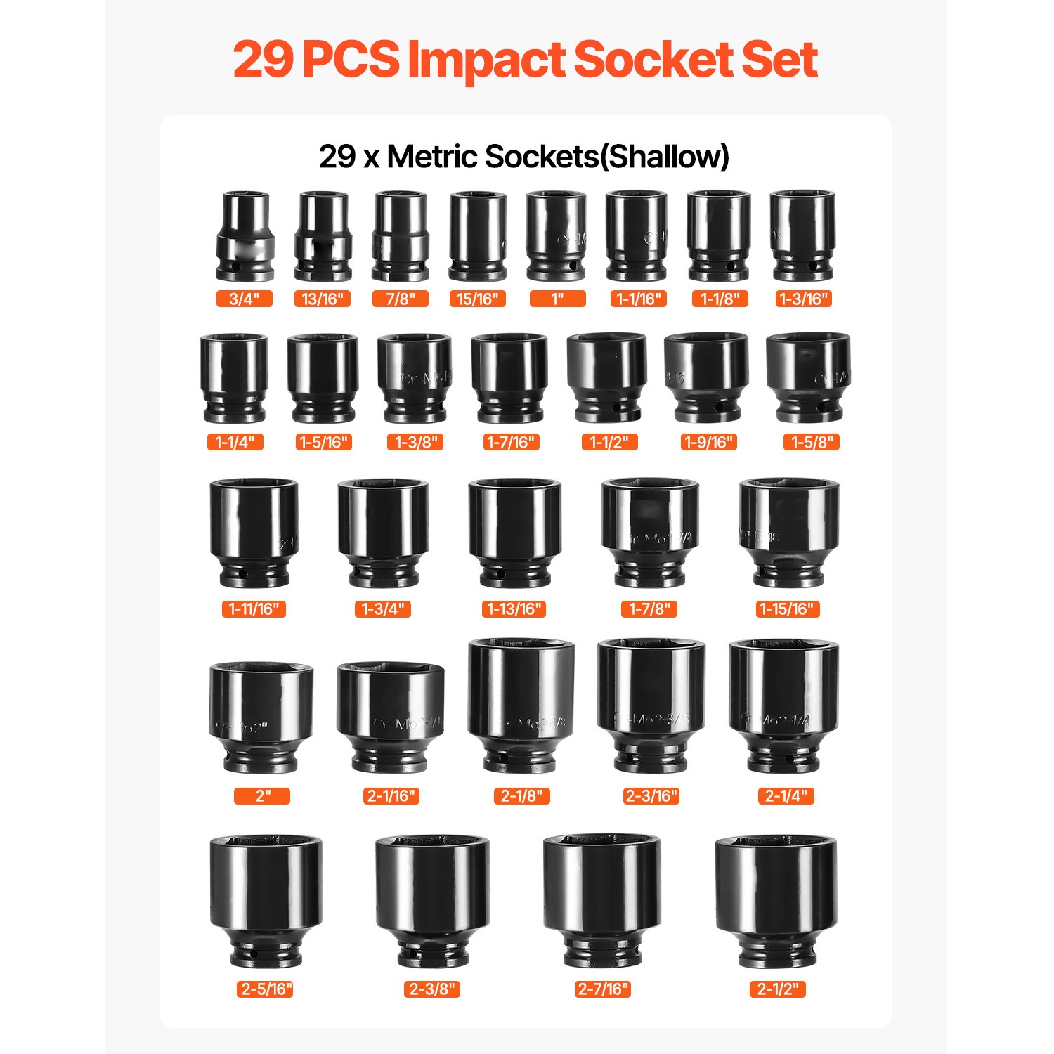 Uimoso 29-Piece 3/4-Inch Drive Impact Socket Set, Sizes 3/4 to 2-1/2 Inches