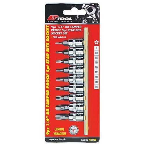 PT11700 – PkTool – 9pc 1/4” DR 5pt TAMPER PROOF STAR BITS SOCKET SET