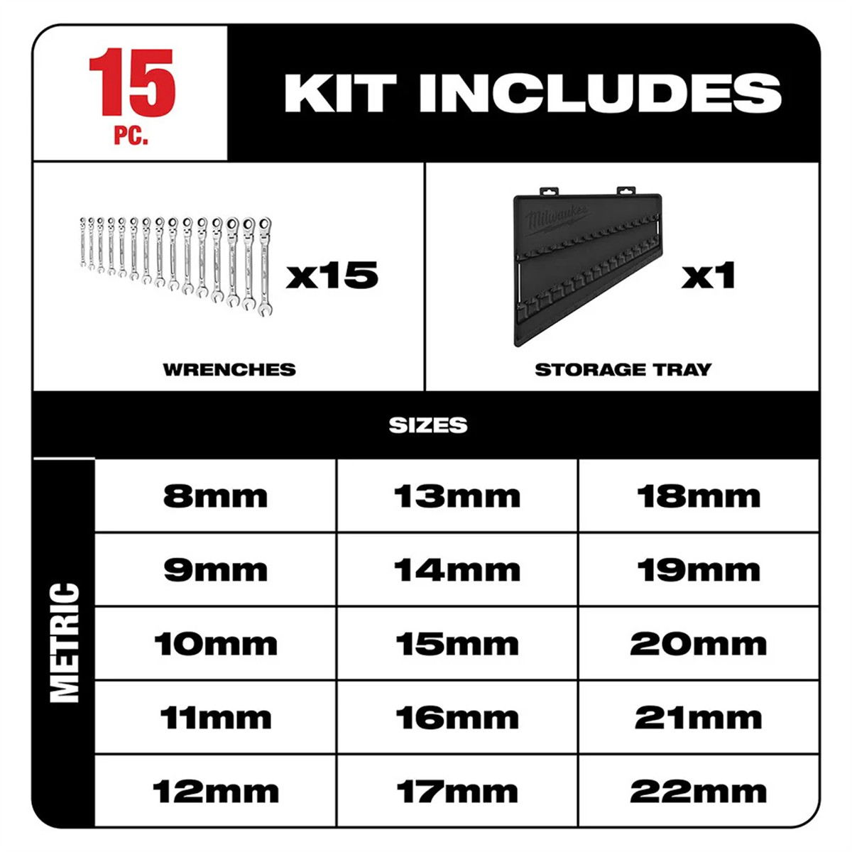 Milwaukee 48-22-9513 15pc Metric Flex Head Ratcheting Wrench Set, MAXBITE Grip